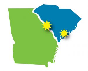 An illustrated map of the state of Georgia in green and South Carolina in blue. There are yellow, multi-pointed stars over the border of the states in the middle to represent the Augusta and North Augusta offices and a star over a lower, coastal region to represent the Walterboro office.