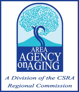 Logo: Area Agency on Aging in white on a blue rectangular background with an illustrated blue and teal tree above the rectangle. Below the logo is the text: A division of the CSRA Regional Commission
