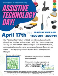 Image background is dark blue and has pink text that reads Assistive Technolgy day and to the right images of assistive technology.  