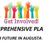 Header image: white background with text and illustration of multicolored hands reaching upwards with text Get Involved under it. The rest of the header text in black reads: Community Meetings! 2035 Comprehensive Plan Update. Let's plan for our future in Augusta Richmond County.