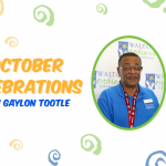 Title Image that reads, "October Celebrations with Gaylon Tootle" An image of a man wearing glasses and a blue shirts sits beside the words.