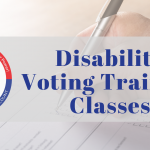 Event Header: background photo of a person's hand holding a pen, checking a box on a paper ballot. Overlaid on the photo is a text box that reads: Disability Voting Training Classes. Next to the text is the REV Up logo on the left.