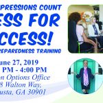 Image: Over the Walton Options color wave. Blue text reads. First Impressions Count. Dress for Success! Gaining Preparedness Training! June 27 2019. 3-4pm. Walton Options Office. 948 Walton Way. Augusta, GA 30901. To the right of the text are two images. The uppermost image depicts three people talking in an office space. They are wearing professional attire. A woman is seated in a wheelchair between two coworkers. The bottom image is guest speaker Liz Klebba. She is wearing a dark dress and colorful scarf. She is posing happily in front of a blue door. To the right of her photo blue text reads. With Guest Speaker. Liz Klebba. Personal Style Consultant and Owner of Closet Play Image.