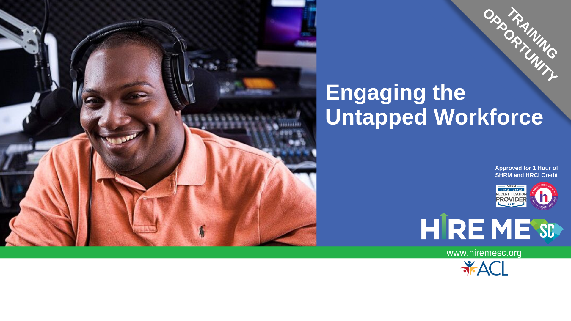 Engaging the untapped workforce image with a man with a disability in a radio studio with headphones on looking at the camera.