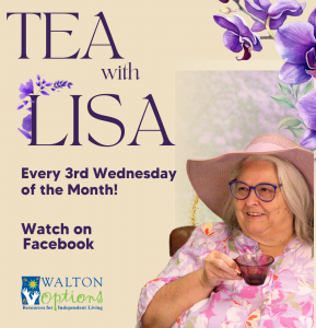  Image has a tan background. Purple text on the left reads: Tea with Lisa. Every 3rd Wednesday of the month! Watch on Facebook Images on the right is a photo of a woman holding a purple teacup. The background is a garden with purple flowers. On top is a watercolor drawing of a purple orchid and flowers.