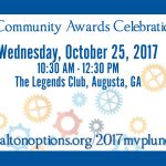 Image: a white with colorful cogs across the background text box with navy blue top and bottom lines. Text in the box reads: The MVP Community Awards Celebration Luncheon, Wednesday, October 25, 2017, 10:30 AM - 12:30 PM, The Legends Club, Augusta, GA. To the left is a headshot photo of a woman smiling at the camera with text under the image: Hosted by Barclay Bishop, Channel 6 news. To the right is a headshot photo of a man smiling at the camera with text under the image: Guest Speaker, Jeff Eiseman, President of the Augusta GreenJackets Text centered at the bottom reads: Waltonoptions.org/2017mvplunch