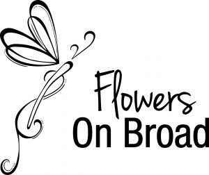 Flowers on Broad text logo with swirling lines that is shaped like a butterfly