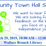 In blue text over the Walton Options color wave: Community Town Hall Session. We want to hear from you! We are looking for your feedback on the barriers you face on you independence journey! March 29. 2019. 10:00 AM to 12:00 PM. Wallace Branc Library. To the left of the text are three green cartoon people symbols with speech bubbles above their heads.