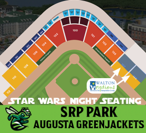Illustration of the SRP Park with different sections highlighted out. The Walton Options logo in a white rounded square is positioned next to third base with arrows point to highlighted sections of 107 and 109 seating. Below the layout is a green text box with SRP Park, Augusta GreenJackets and the logo. Slightly above the box is white text: Star Wars Night Seating.