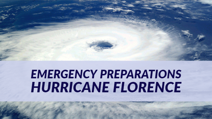 Blog post header with background image of a hurricane storm cloud from a distance. Over the image is a text box with dark red words: Emergency Preparations Hurricane Florence