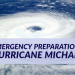 Blog post header with background image of a hurricane storm cloud from a distance. Over the image is a text box with dark red words: Emergency Preparations Hurricane Michael