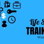 Blue background in a text box with black text in the lower right. Text read Life Skills Training Winter 2018. In the top left corner there are black and white icons including a book, clock, key, house, briefcase, keyboard, puzzle piece, speech bubbles, house, and cog.