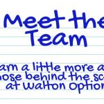 Meet the Team Header: an illustration of notebook paper with text that looks like handwriting reads: Meet the Team. Learn a little more about those behind the scenes at Walton Options.
