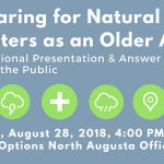 Blue/gray header text box with white text that reads: Preparing for Natural Disasters as an Older Adult. Informational Presentation & Answer Session. Open to the Public. Tuesday, August 28, 2018, 4:00 PM - 5:00 PM. Walton Options North Augusta Office. Between the name and date text there is a row of green circles with white icons depicting snow, lightning, aide, rain, a location marker, and water/flood.