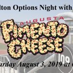 Image: Background photo of section 109 of SRP Park seating looking onto the baseball field. Walton Options Night with, then stylized Augusta Pimento Cheese logo, followed by text: Saturday August 3, 2019 at 6:05 PM, is on top of the background photo.