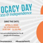 Image description: In the background are faded gray and white diagonal lines coming from the top right corner. In the front is a large orange lock. Text reads: "Advocacy Day for Access & Independence. Save the date: April 1, 2020, SC Statehouse, 9 AM - 12:30 PM. Join us in unlocking barriers for all people with disabilities. Facebook @SCAccessIndependence #BarrierFreeSC". A stamp effect has been applied to make the graphic appear like poster art.