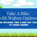 Graphic. Animation depicting the outdoors, including clouds, trees, and grass. The center of the Graphic reads, "Take A Hike with Walton Options for National Take A Hike Day Trivia at Phynizy Swamp"