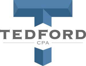 Tedford CPA logo - a large blue capital T in the background with text Tedford CPA going through the middle of the T.