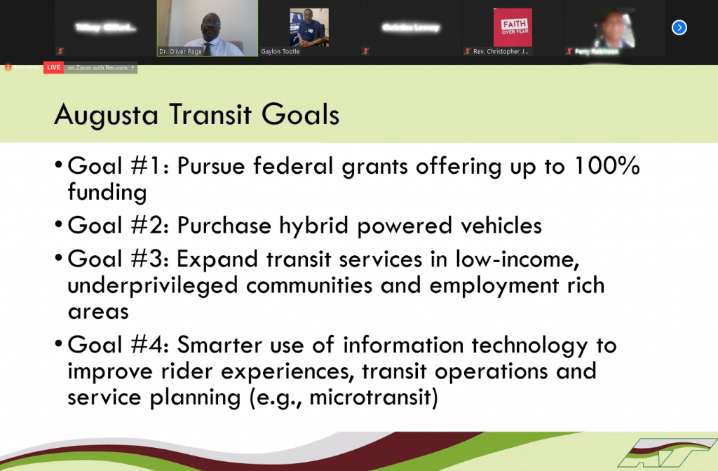 Screenshot from transportation forum highlighting the Augusta Transit Goals being presented by Dr. Oliver Page, Assistant Director of Augusta Transit. Text reads: Augusta Transit Goals, Goal #1: Pursue federal grants offering up to 100% funding; Goal #2: Purchase hybrid powered vehicles; Goal #3: Expand transit services in low-income, underprivileged communities and employment rich areas; Goal #4: Smarter use of information technology to improve rider experiences, transit operations, and service planning (e.g., microtransit).