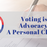 Event Header: background photo of a person's hand holding a pen, checking a box on a paper ballot. Overlaid on the photo is a text box that reads: Voting is Advocacy: A personal Choice!. Next to the text is the REV Up logo on the left.