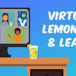 Image of a computer on a desk displaying images of people in boxes. A glass of lemonade sits on the desk. The graphic reads, 'Lemonade and Learn"
