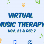 Virtual Music Therapy Banner. Walton spirals and music notes are scattered on the graphic.