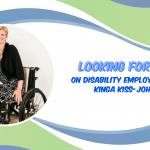 Graphic. Bordered by the Walton Options blue and green waves, the graphic reads, "Looking forward on disability employment with Kinga Kiss-Johnson