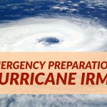 Blog post header with background image of a hurricane storm cloud from a distance. Over the image is a text box with dark red words: Emergency Preparations Hurricane Irma