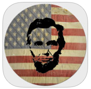 Icon for Party of Lincoln app - a rustic american flag in the background with a black silhouette image of Abraham Lincoln