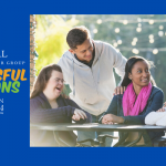 Image of young adults sitting around table smiling and laughing. Banner reads "Virtual Summer Youth Peer Groups, Successful Horizons" White Walton Options logo sits below.