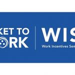 A blue, old-fashioned shaped text box with white text: Ticket to Work; WISE, Work Incentive Seminar Events Webinar