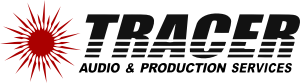 Tracer Audio logo: Red dot with radiating lines off the center next to text Tracer Audio & Production Services
