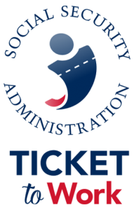 The logo focuses on the beneficiary as the main icon, but with the term “Work” in red, emphasizing both. The shape of the beneficiary’s “body” is made from a Ticket and the arched back represents movement upwards, towards personal and financial goals. The words “Social Security Administration” in a circle from the agency logo, has been added to the Ticket to Work program logo for easy association to Social Security.